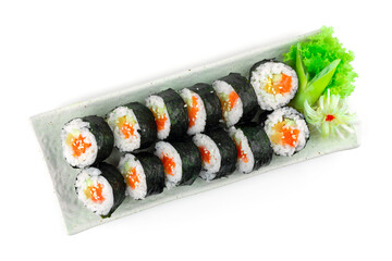 Gimbap Salmon also spelled Kimbap ingredients such as vegetables and Salmon that are rolled in gim dried sheets of seaweed