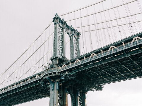 Looking up at the Manhattan Bridge, in Dumbo, Brooklyn, New York City