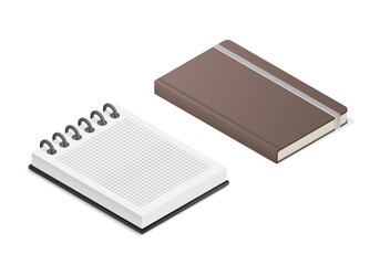 Notebook notepad set. Colored isometric vector illustration. Isolated on white background.
