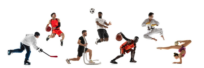 Sport collage. Hockey, soccer football, fitness, gymnastics, taekwondo, basketball players in motion isolated on white studio background.