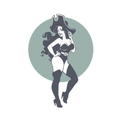 Pirate Party, vector portrait of beautiful pinup lady in corsair costume and hat - 443450087