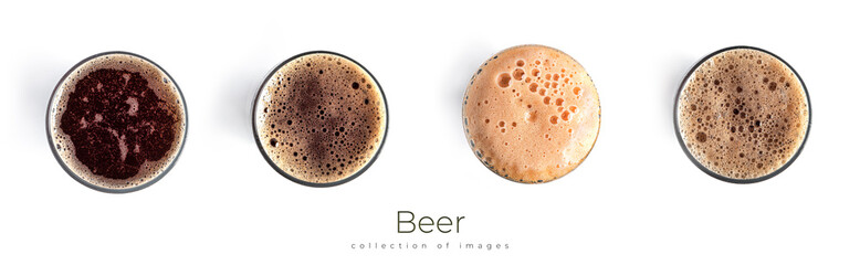Glasses of dark beer isolated on white background. View from the top. - obrazy, fototapety, plakaty