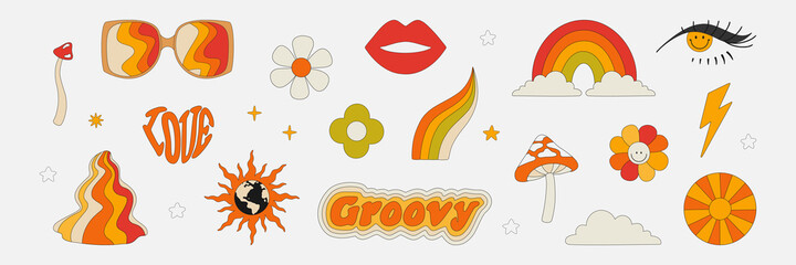 Fototapeta Clipart of the 70s. Hippie style. Vector illustrations in simple linear style. Rainbows, flowers, abstractions, mushrooms, psychedelic style. obraz