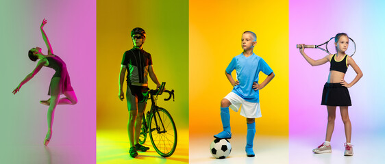 Soccer football, tennis, fitness, ballet and cycling. Collage of different little and adult...