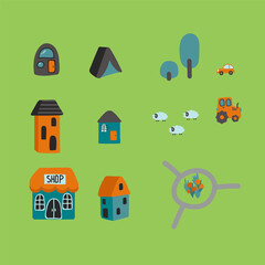 A set of elements for the Cartoon city Map. Children's set of Houses, Trees, roads, cars. In doodle style for a poster in the children's room or carpet. Vector illustration