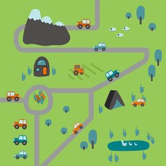 Cartoon city map game. Children's wallpaper or carpet for the room. Children's background for the cartoon city poster with cars and animals. Vector illustration