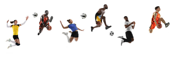 Sport collage. Soccer football, volleyball, basketball players in motion isolated on white studio...