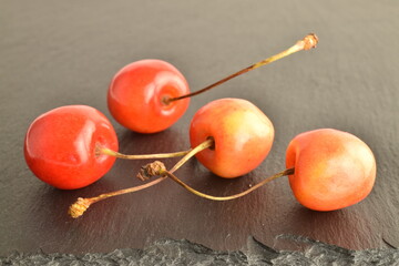 Juicy sweet yellow cherries, close-up, on a slate board.