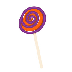A round spiral candy on a Halloween stick is isolated on a white background. Vector illustration in cartoon style. Candies and lollipops for decorating invitations for the Halloween holiday