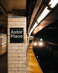A train pulling into Astor Place Subway Station, East Village, New York City