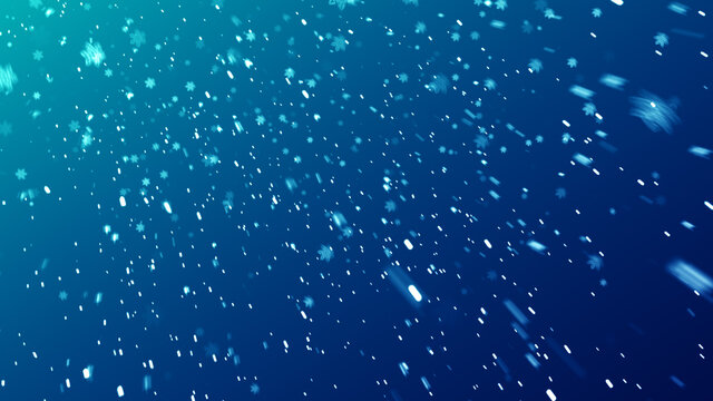 Abstract Winter Blue Shiny Blurred Falling Snowflakes Particles Blown By The Strong Wind Background