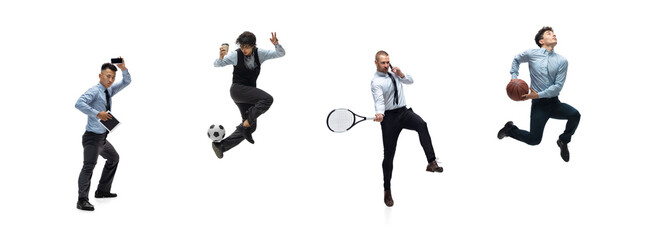 Collage of male sportsmen in office suits, business attire in action and motion isolated on white...