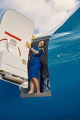 Lovely air hostess posing for the camera before the take-off