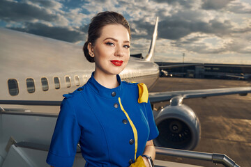 Beautiful dark-haired stewardess standing on the boarding stairs