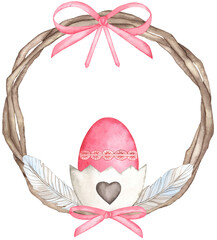 Watercolor Spring Easter wreath. Hand drawn tree branch with feathers, eggs