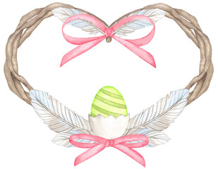 Watercolor Spring Easter wreath. Hand drawn tree branch with feathers, green egg and pink bow