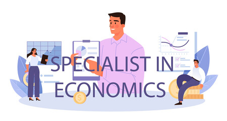 Specialist in economics typographic header. Professional scientist studying