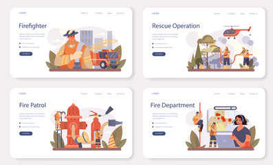 Firefighter web banner or landing page set. Professional fire brigade fighting