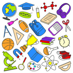 Back to school. Set of colorful hand drawn school elements.