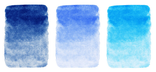 Blue watercolor rectangle backgrounds set. Dark, navy, sky blue vertical gradient watercolour stains. Hand drawn creative painted texture, text frame with uneven artistic edges. Sea, water templates.