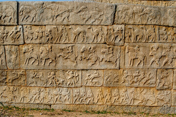 Rich decorated wall of the Mahanavani Dibba, Hampi, Karnataka, India, Asia
