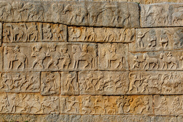 Rich decorated wall of the Mahanavani Dibba, Hampi, Karnataka, India, Asia
