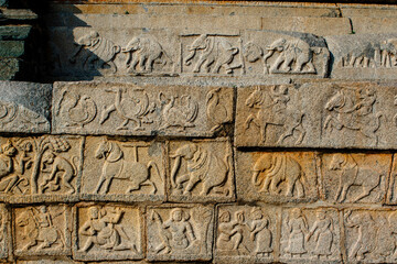 Rich decorated wall of the Mahanavani Dibba, Hampi, Karnataka, India, Asia
