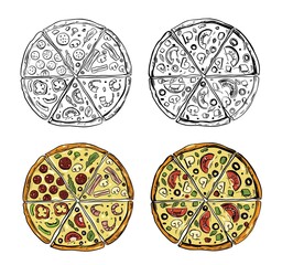 Pizza set, sketch style, doodle. Hand drawn vector illustration. Great for menu, poster or label.