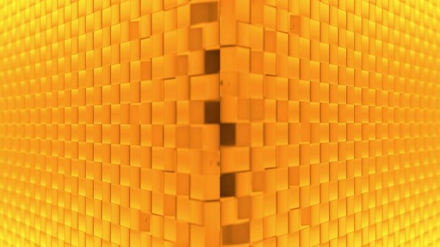 Gold cubic particles form the gate that closes the black screen. High tech and Nanotechnology concept. 3D animated outro with alpha channel as matte mask and chroma key color id.