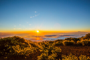 Spring sunrise, sea and Teide view in La Palma Island, Canary Islands, Spain
