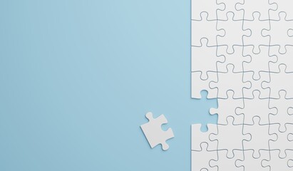 3D illustration Fragment of a folded white jigsaw puzzle and a pile of uncombed puzzle elements against the background of a colored surface