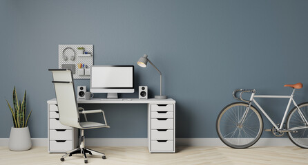 3d illustration mock up of Modern computer monitor with the grey wall and bicycle