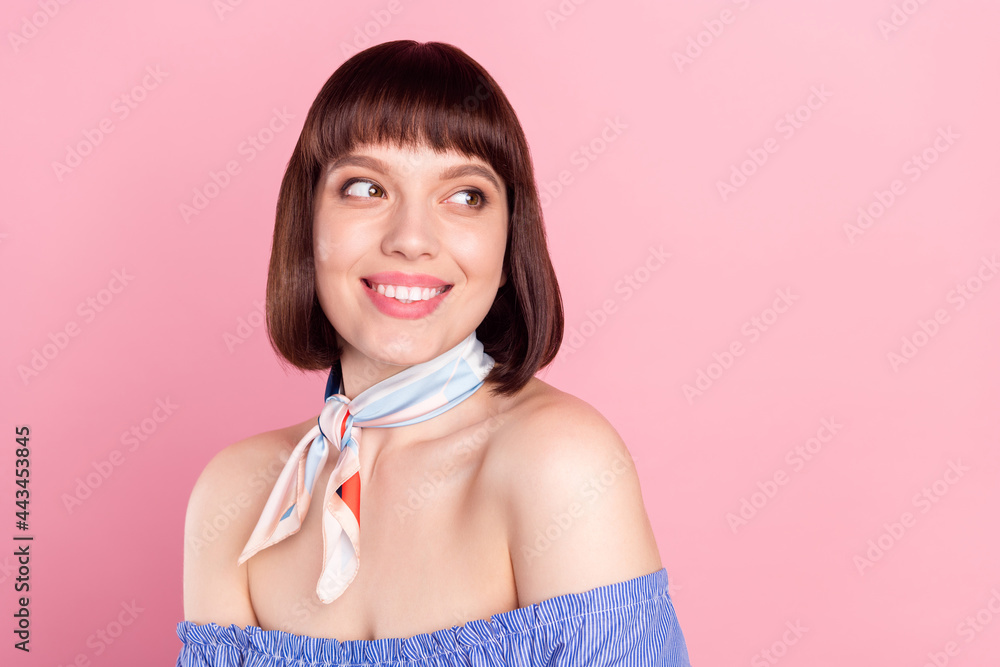 Sticker Photo of dreamy gorgeous pretty young woman look empty space good mood isolated on pink color background