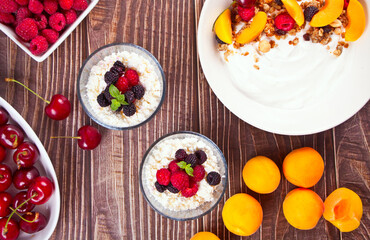 cottage cheese with berries and fruits apricot for healthy breakfast.