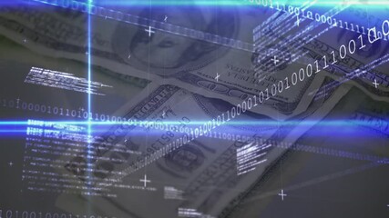 Animation of binary coding processing over american dollar banknotes - Powered by Adobe