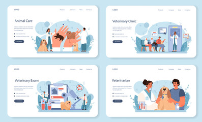 Pet veterinarian web banner or landing page set. Veterinary doctor checking