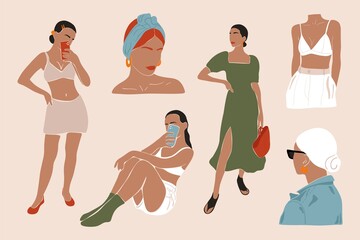 Abstract women clipart set. Female silhouettes fashion prints contemporary minimalist graphic design. Vector illustration