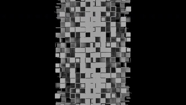 Gray square cells form horizontal abstract doors that closes the black screen. Nanotech concept. 3D animated transition intro with alpha channel as matte mask and chroma key color id.