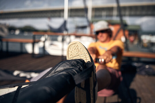 Windsurfer surfing on a windy day at the river.