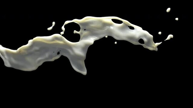 Milk splash on black background. 3D animation of white liquid, alpha channel as matte mask included.