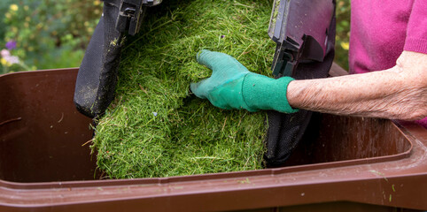 Hampshire, England, UK. 2021. Woman emptying grass cuttings into a garden waste brown wheelie bin.