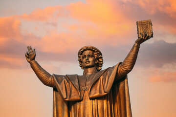 Minsk, Belarus. Monument to Francisk Skarina. Famous Symbol Of Belarusian Culture And Science....
