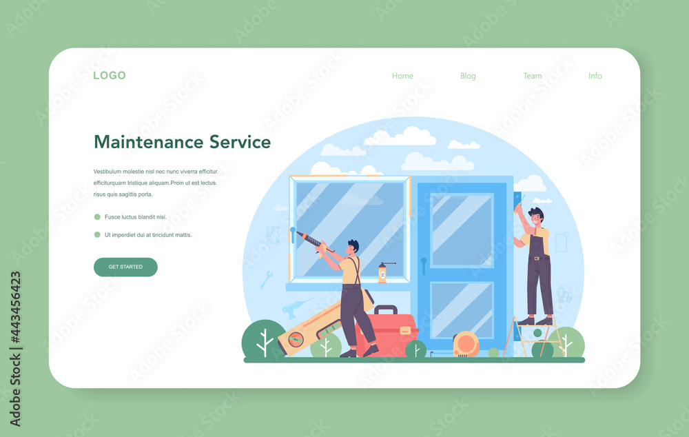 Aufkleber installer web banner or landing page. worker in uniform installing window