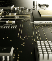 Modern electronic circuit board close up in gold 3d render