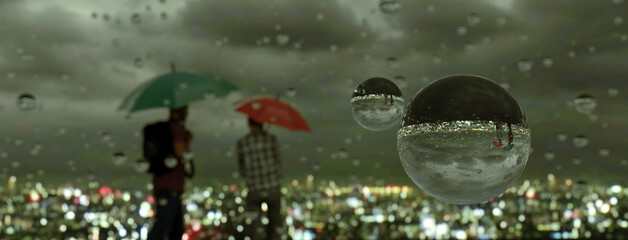 Two people looking over a city at night with umbrellas in a rain storm 3d render