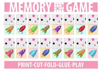 Set of cards for memory game with cartoon rockets. Print, cut, fold, glue, play. A4 proportion page. Album horizontal orientation. Vector.