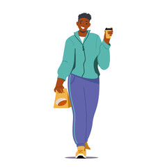 Man Character with Coffee Beans in Pack and Takeaway Cup in Hand Isolated on White Background. Morning Refreshment