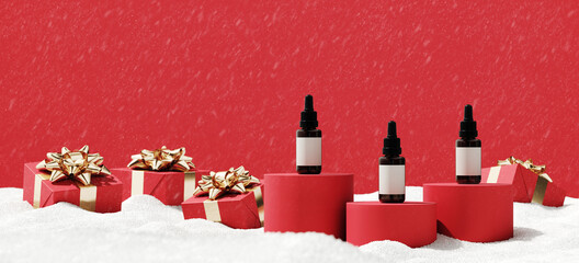 Minimal product background for Christmas and winter holiday concept. Red podium, gift box and snow drifts on red background. 3d render illustration. Clipping path of each element included.