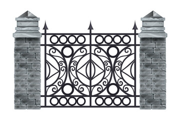Iron wrought fence vector illustration, old ornate black steel frame, stone brick pillars, isolated on white. Antique ancient classic garden rail, architecture element front view. Iron manor fence