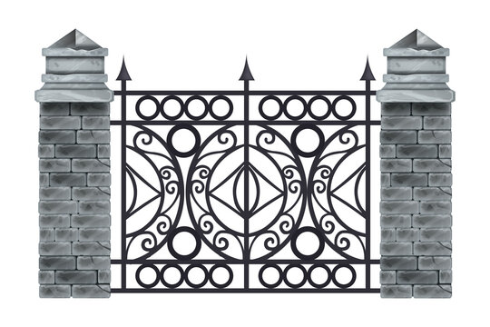 Iron wrought fence vector illustration, old ornate black steel frame, stone brick pillars, isolated on white. Antique ancient classic garden rail, architecture element front view. Iron manor fence